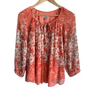 Roz & Ali Breezy Floral Top Sz S Peach 3/4 Sleeve Blouse Classy Boho Spring EUC